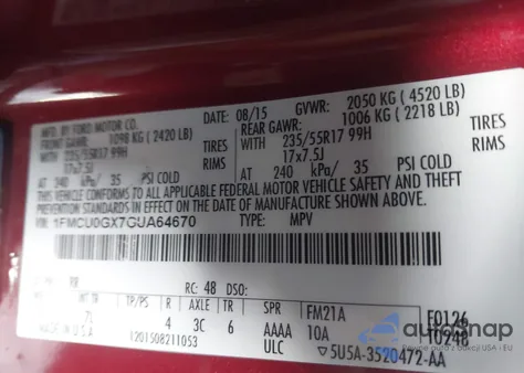 2016 Ford Escape Se z USA, uszkodzony, nr VIN 1FMCU0GX7GUA64670